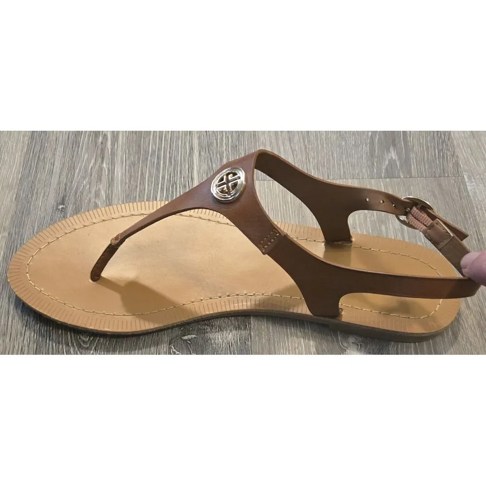 Pierre Dumas‎ Sandals Thong Brown Ankle Strap Gold Medallion Accents 9M